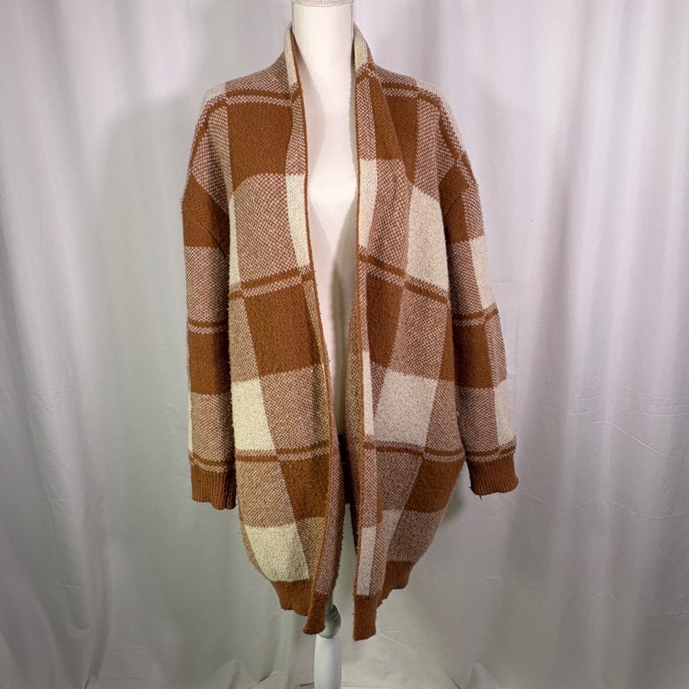 Altar'd State Cardigan Sweater Women L Brown Cream Plaid Open Front Pockets